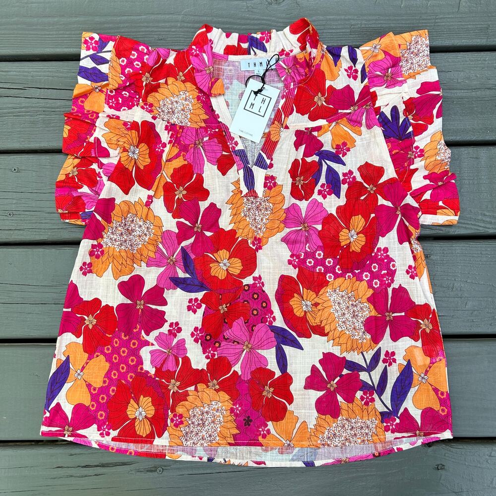 THML Pink Purple Orange Flower Short Sleeve Tunic Blouse Collar Linen Blend Lrg - Picture 2 of 8